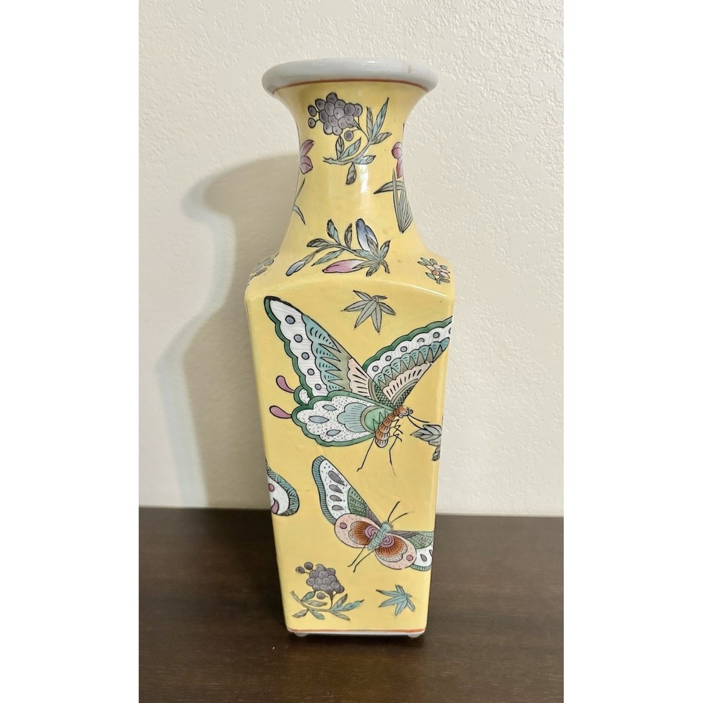 Chinese Porcelain Vintage Vase Famille Rose Ground Yellow Butterflies 12"
